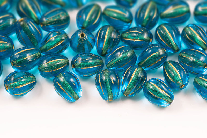 Melon Drops 11×9mm Aqua With Gold Czech Glass Beads