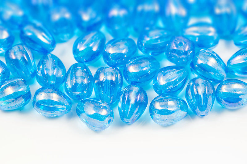 Melon Drops 11×9mm Aqua Iris Czech Glass Beads