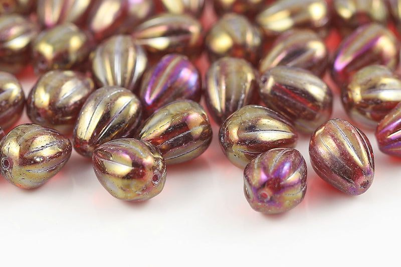 Melon Drops 11×9mm Ruby Iris Finish Czech Beads