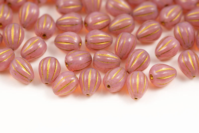 Melon Drops 11×9mm Opal Peach With Gold Czech Beads