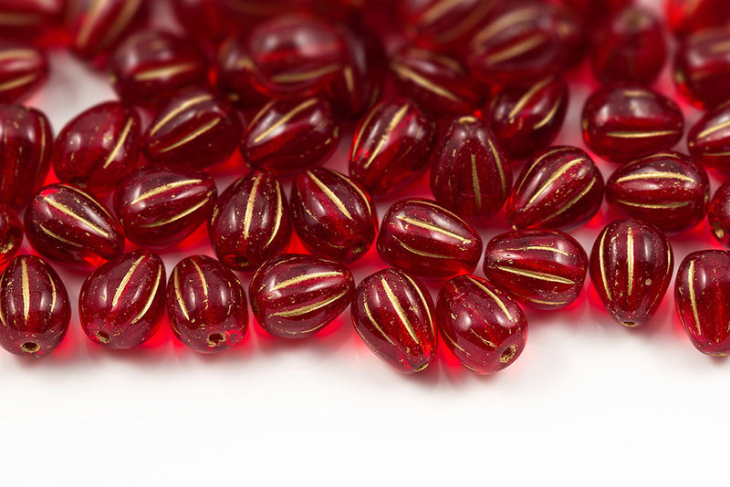 Melon Drops 11×9mm Siam With Gold Czech Beads