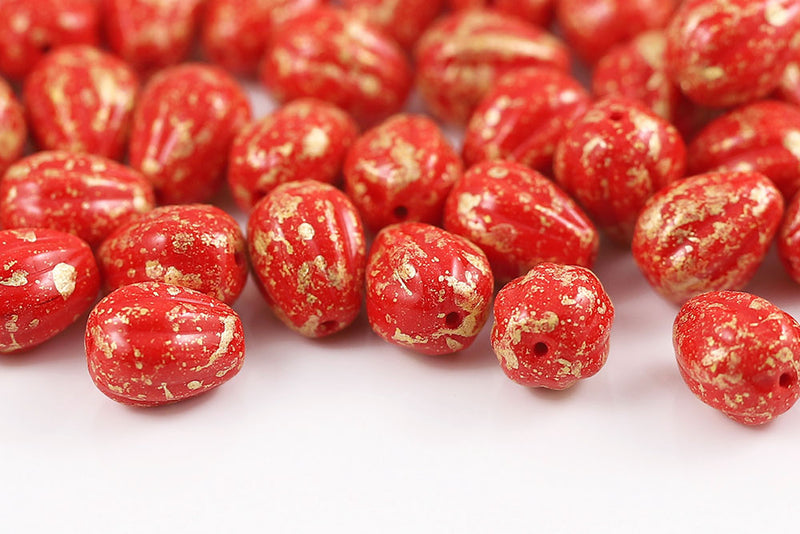 Melon Drops 11×9mm Gold Splash Opaque Coral Red Czech Beads