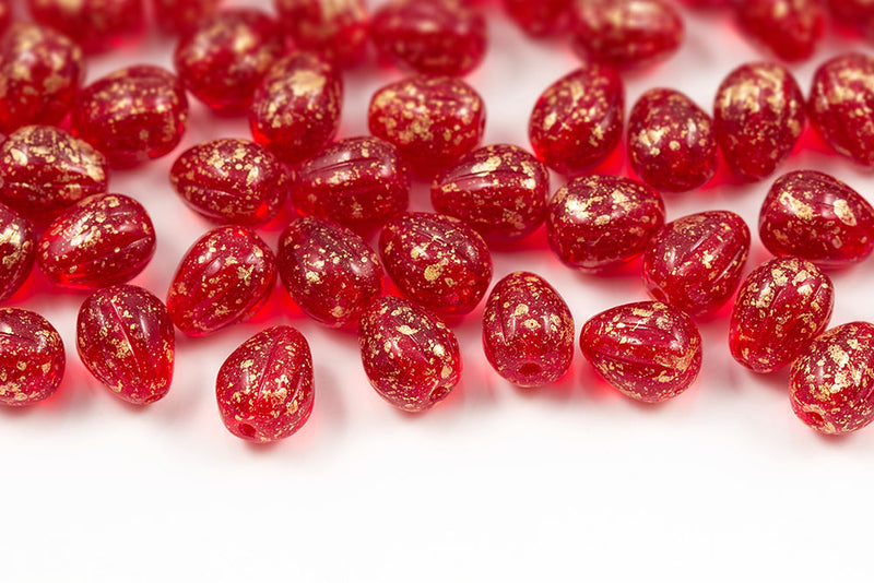 Melon Drops 11×9mm Gold Splash Siam Czech Beads