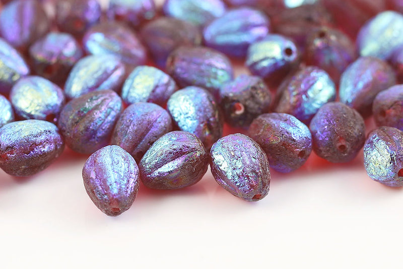 Melon Drops 11×9mm Ruby AB Etched Finish Czech Beads