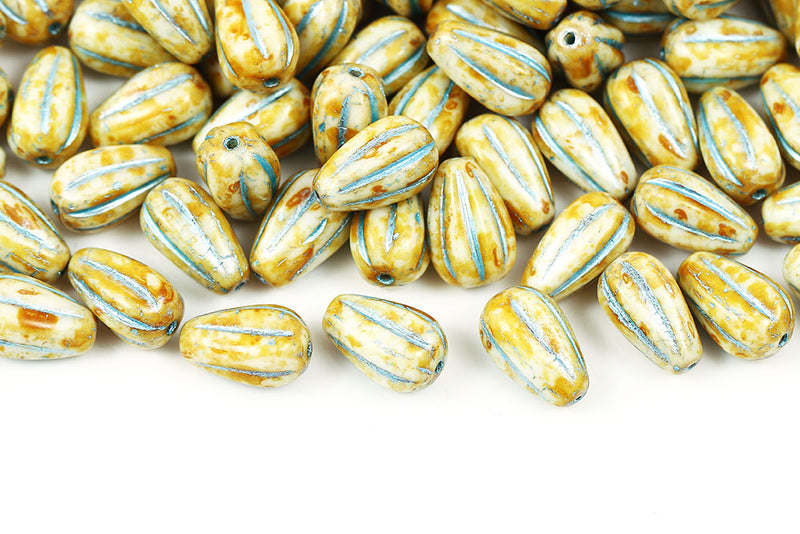 Melon Drops 13×8mm Chalk Travertin With Blue Czech Beads