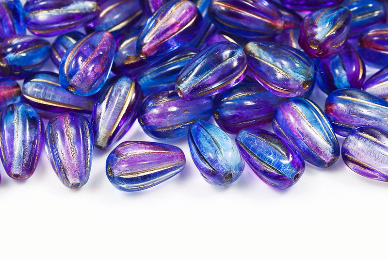 Melon Drops 13×8mm Crystal Blue Violet Finish With Gold Czech Beads
