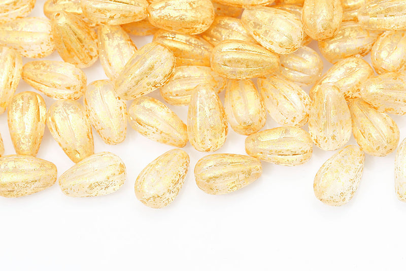 Melon Drops 13×8mm Gold Splash Crystal Czech Beads