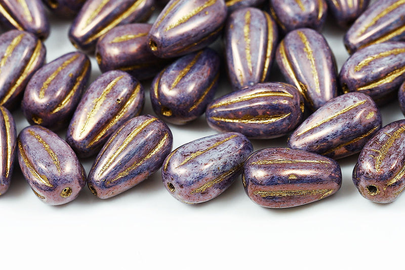 Melon Drops 13×8mm White Violet Luster With Gold Czech Beads