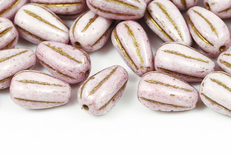 Melon Drops 13×8mm White LIia Luster With Gold Czech Beads