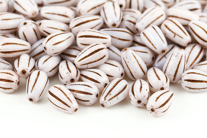 Melon Drops 13×8mm White Witch Dark Brown Czech Beads