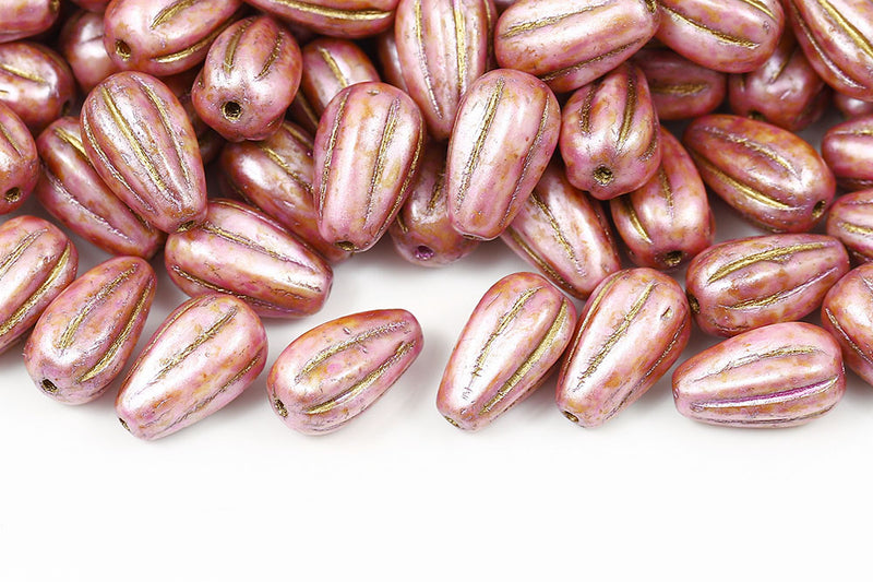 Melon Drops 13×8mm Chalk Pink Marble Finish With Gold Czech Beads