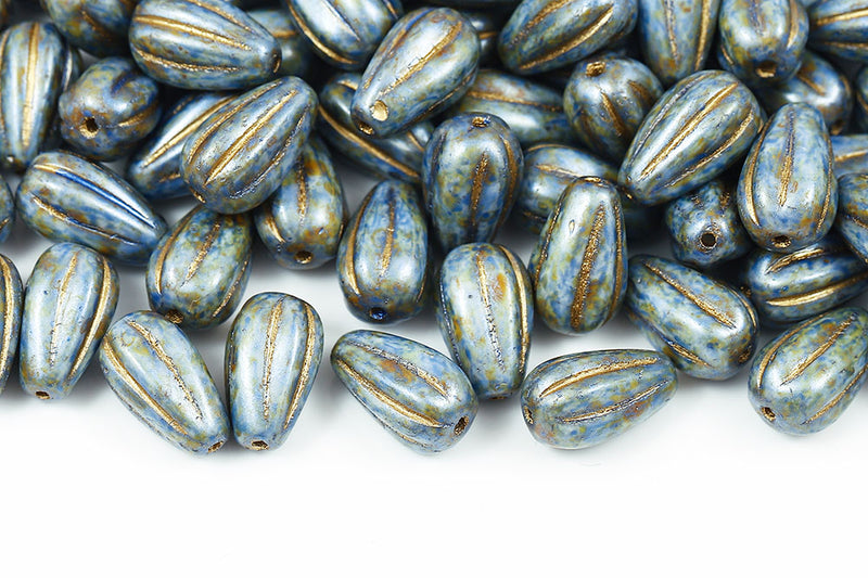 Melon Drops 13×8mm Chalk Blue Marble Finish With Gold Czech Beads