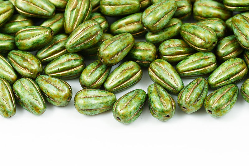 Melon Drops 13×8mm Chalk Green Marble Finish With Gold Czech Beads