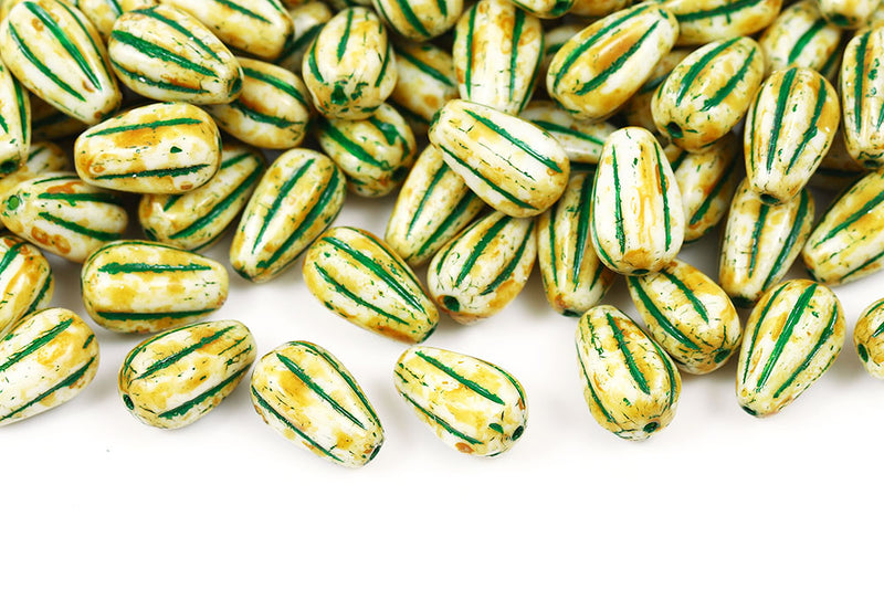 Melon Drops 13×8mm Chalk Travertin With Green Czech Beads