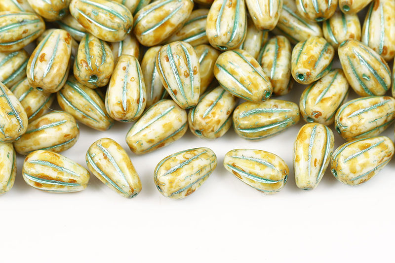 Melon Drops 13×8mm Chalk Travertin With Metallic Green Czech Beads