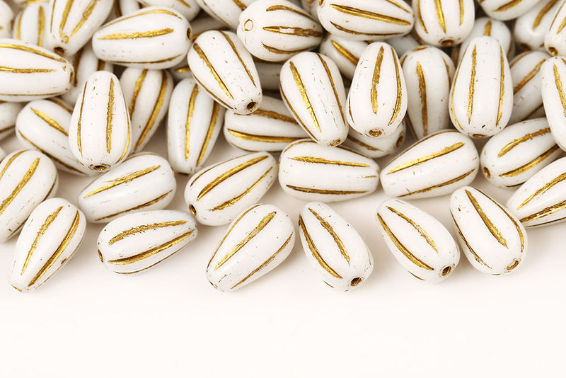 Melon Drops 13×8mm Chalk With Gold Czech Glass Beads