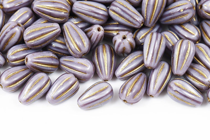 Melon Drops 13×8mm Silk Purple With Gold Czech Beads