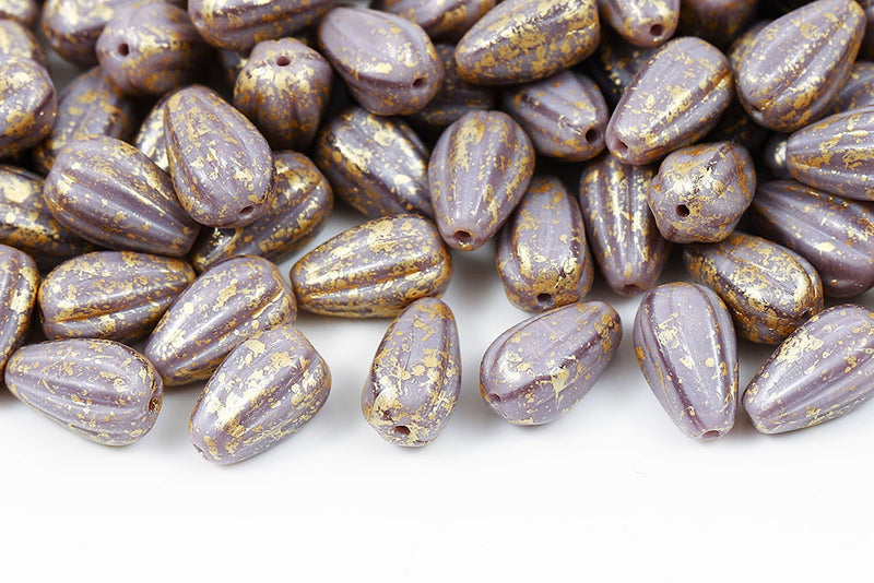 Melon Drops 13×8mm Gold Splash Silk Purple Czech Beads