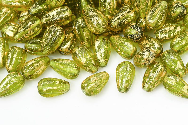 Melon Drops 13×8mm Gold Splash Olivine Czech Beads