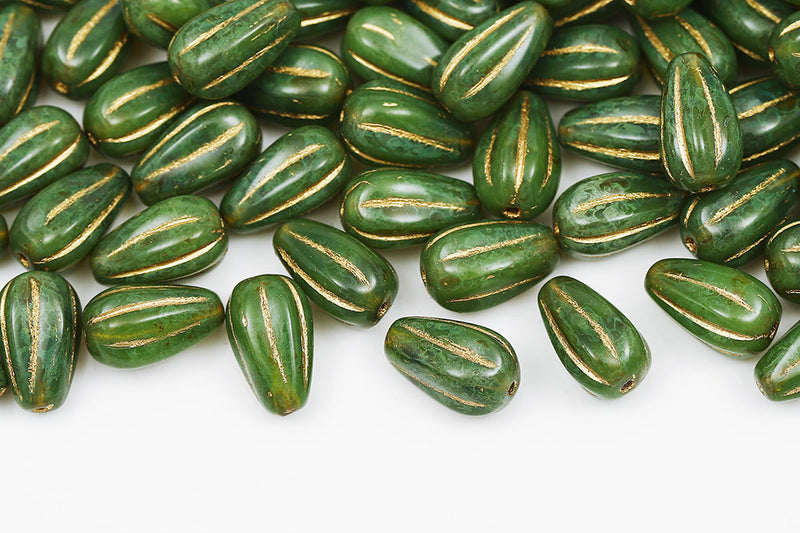 Melon Drops 13×8mm Opal Green Travertin With Gold Czech Beads