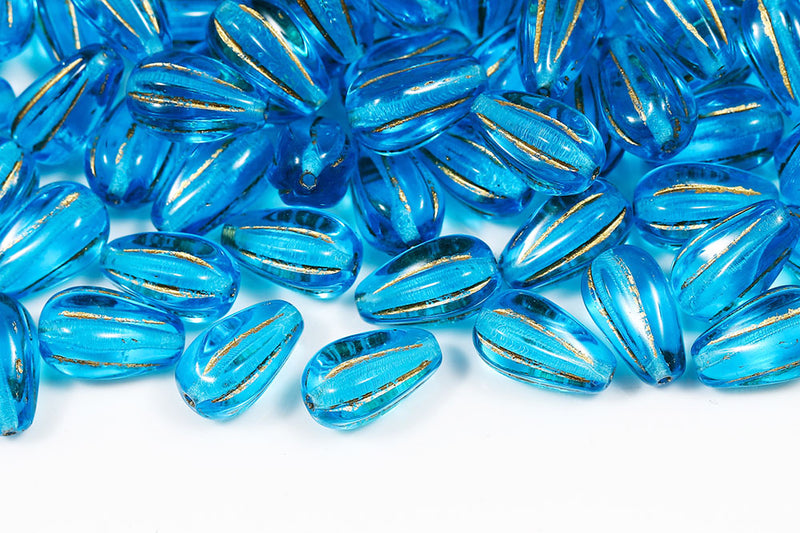 Melon Drops 13×8mm Aqua With Gold Czech Glass Beads