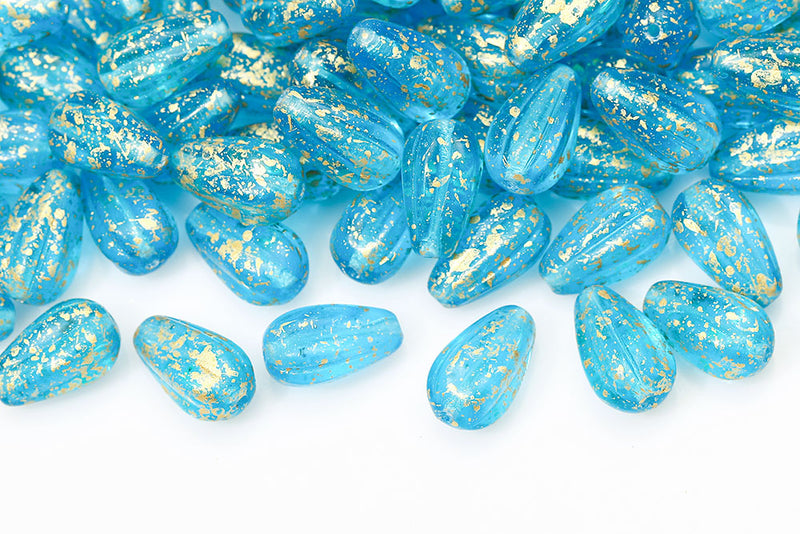 Melon Drops 13×8mm Aquamarine Splash Gold Czech Beads