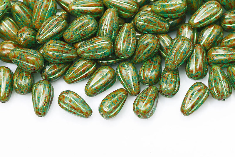 Melon Drops 13×8mm Aqua Travertin Witch Green Czech Beads