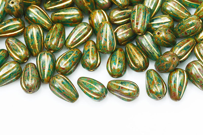 Melon Drops 13×8mm Aqua Travertin Witch Gold Czech Beads