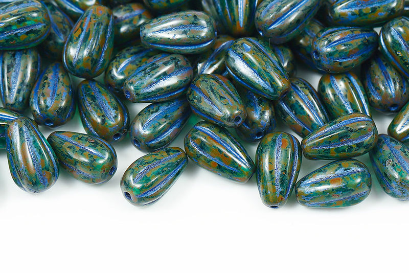 Melon Drops 13×8mm Blue Zircon Travertin With Tanzanite Czech Beads