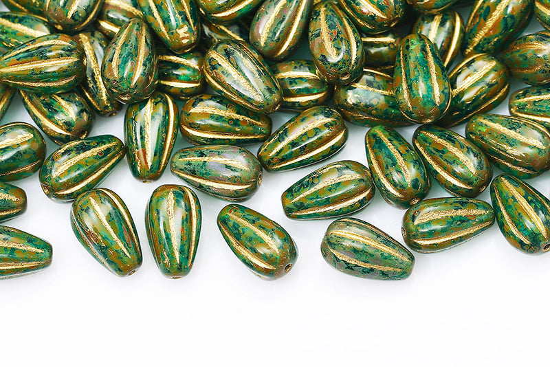 Melon Drops 13×8mm Blue Zircon Travertin Witch Gold Czech Beads