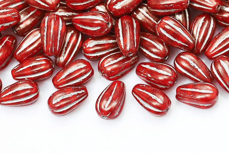 Melon Drops 13×8mm Opal Red With Silver Czech Beads