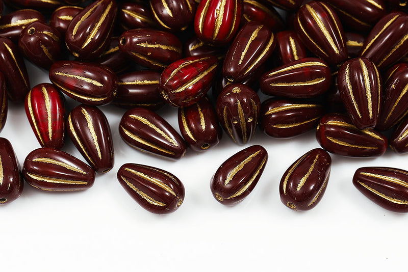 Melon Drops 13×8mm Opaque Dark Red WIth Gold Czech Beads