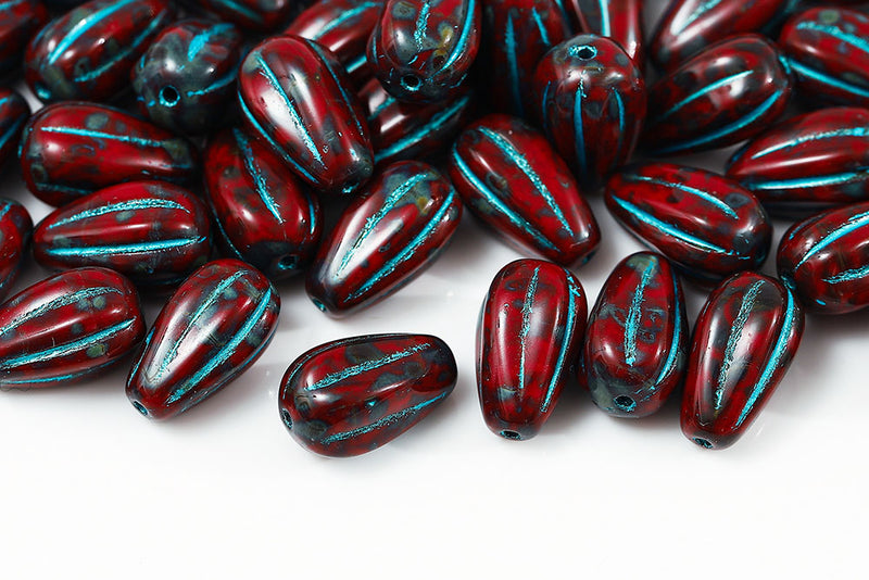Melon Drops 13×8mm Opaque Dark Red Travertin WIth Blue Czech Beads