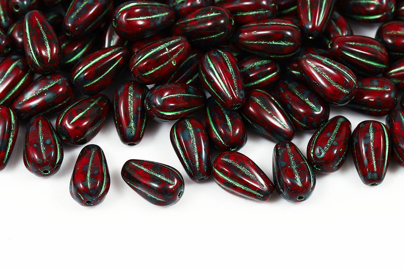 Melon Drops 13×8mm Opaque Dark Red Travertin WIth Green Czech Beads