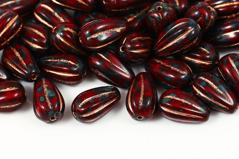 Melon Drops 13×8mm Opaque Dark Red Travertin WIth Copper Czech Beads