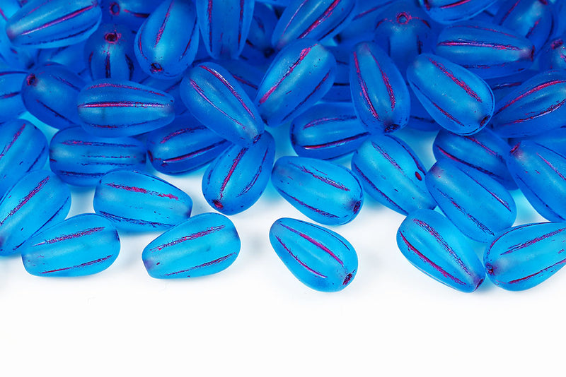 Melon Drops 13×8mm Aqua With Pink Matt Czech Beads
