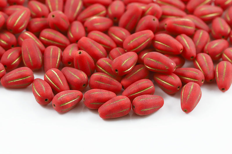 Melon Drops 13×8mm Opal Red With Gold Czech Beads