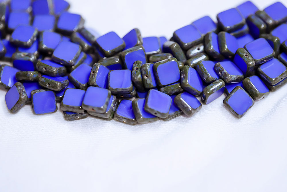 Flat Squared 10×10mm Opaque Blue Travertin 1-Hole Czech Beads