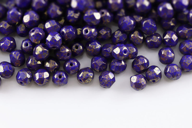 Czech Fire Polished 6mm Opaque Blue With Gold Marble Finish Round Beads