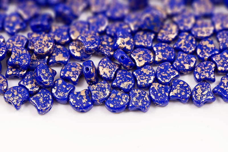 Ginko 7.5×7.5mm Gold Splash Opaque Blue 2-Hole Czech Beads