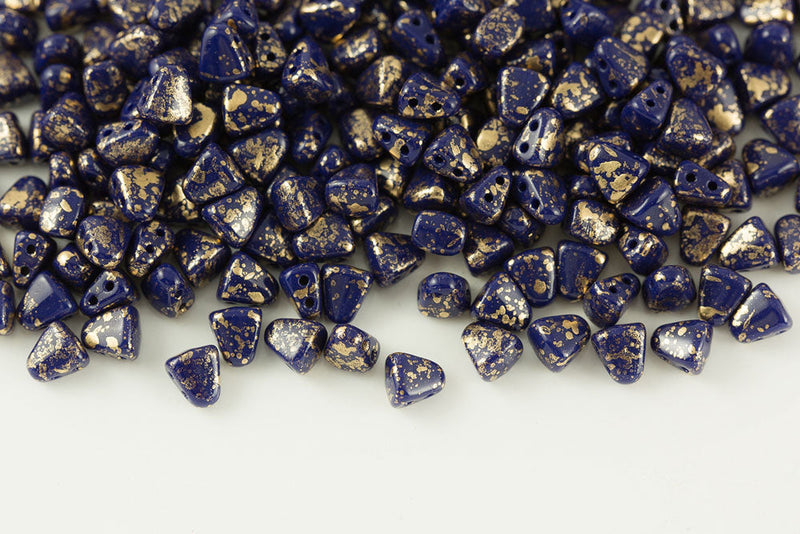 Nib-Bit 6×5mm Gold Splash Navy Blue 2-Hole Czech Beads