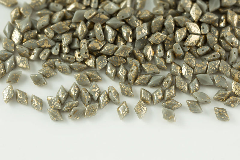 Gemduo 8×5mm Opaque Gray Gold Splash 2-Hole Czech Beads