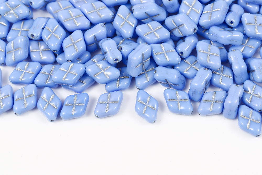 Waffles 12×8mm Milk Blue With Silver 1-hole Czech Beads