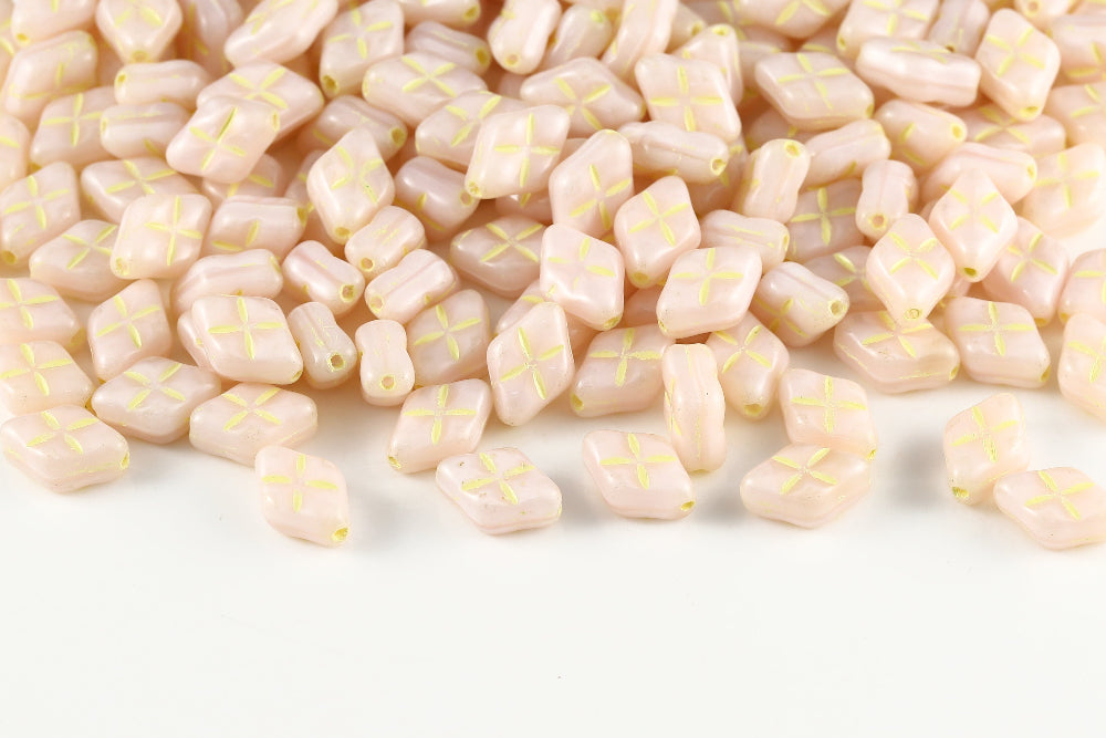 Waffles 12×8mm Opal Pink With Yellow 1-hole Czech Beads