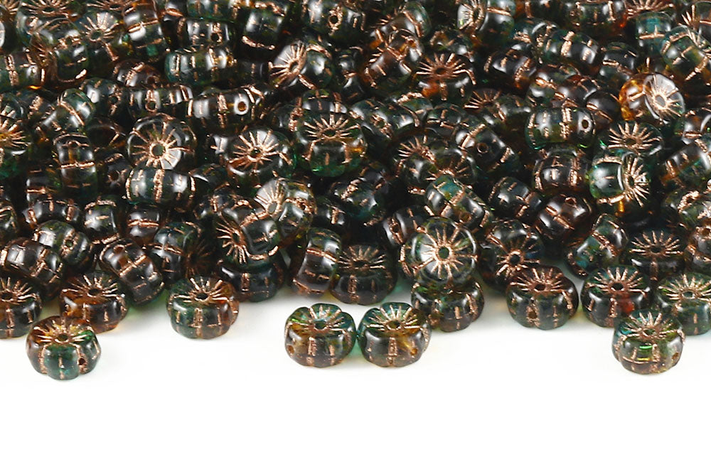 Hawaiian Flowers 8mm Topaz Blue Mix Travertine With Copper 1-Hole Czech Beads