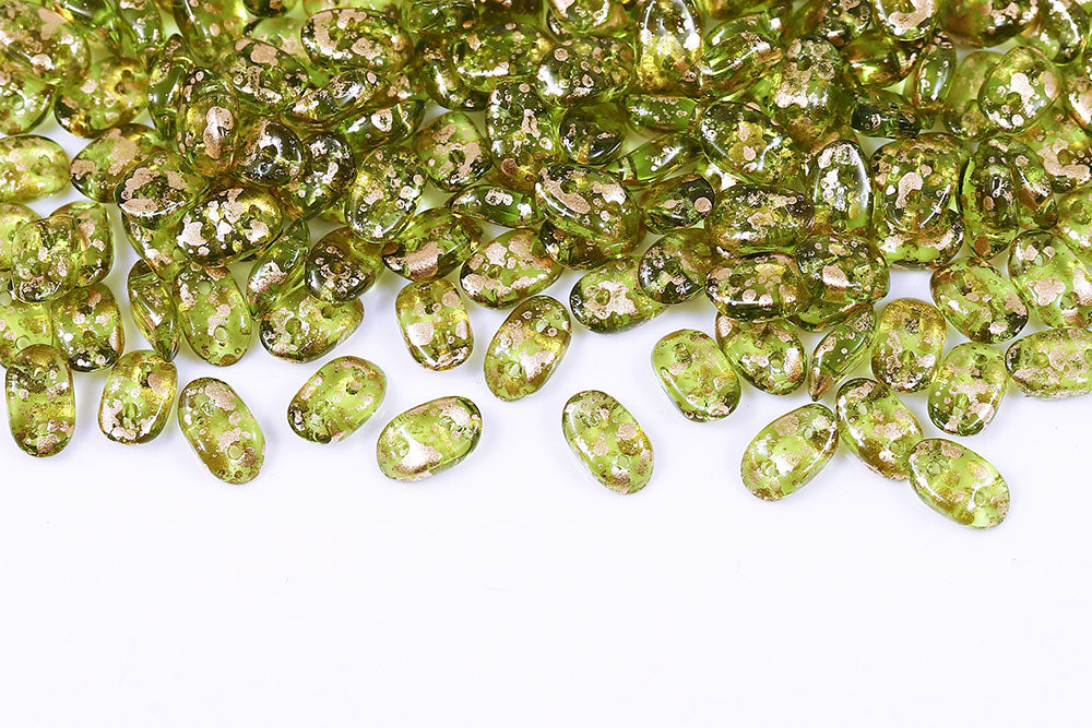 Wave 3×7mm Gold Splash Olivine 2-Hole Czech Beads