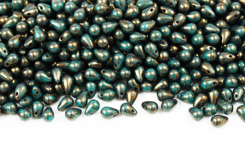 Drops 4×6mm Turquoise Green With Gold Marble Finish Czech Beads