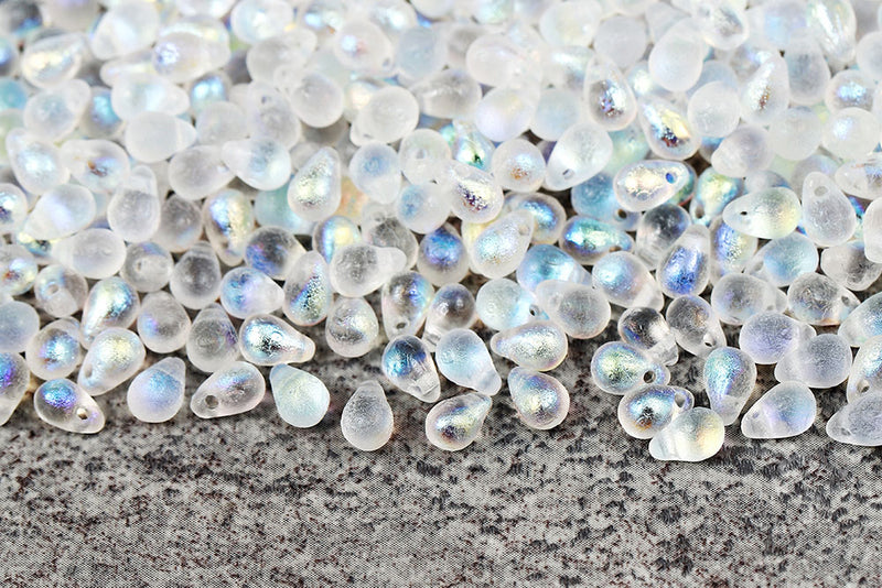 Drops 4×6mm Crystal AB Etched Czech Glass Beads