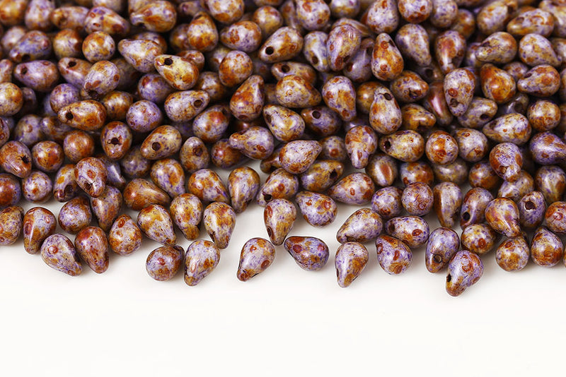 Drops 4×6mm Chalk Purple Marble Finish Czech Beads