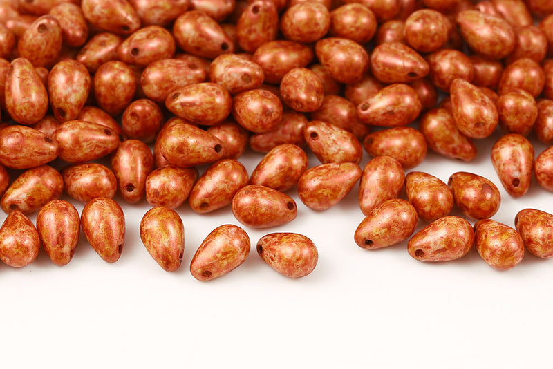 Drops 6×9mm Chalk Orange Marble Finish Czech Glass Beads